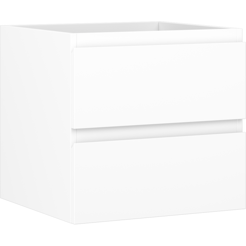 Servantskap 50 cm hvit matt med to skuffer uten håndtak, sett skrått forfra.