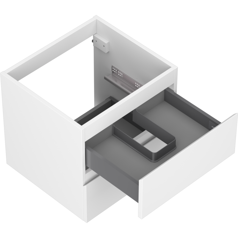 Servantskap uten vask 50 cm hvit matt med åpen grå plastskuff og rektangulær inndeling.