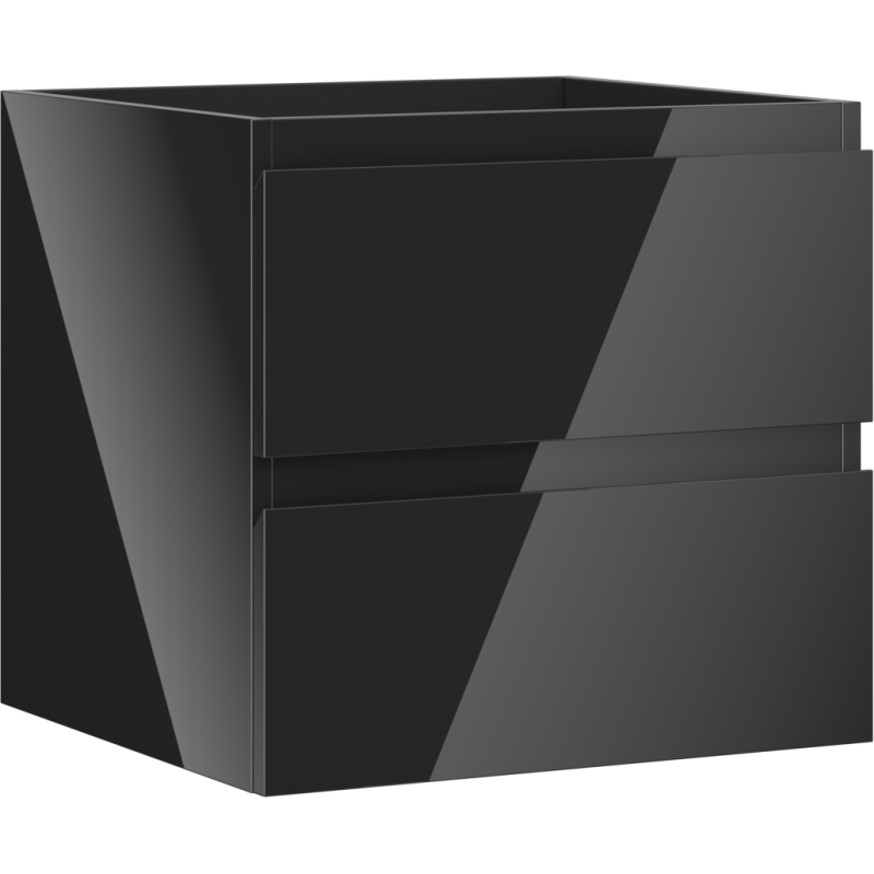 Servantskap 50 cm i svart høyglans med to skuffer, sett fra skrå vinkel.