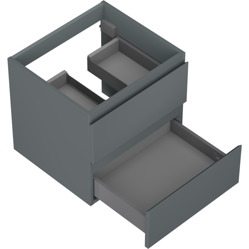 Servantskap til bad 50 cm Mexen Orio i grafitt matt, åpen nedre skuff og to indre skuffer vises.