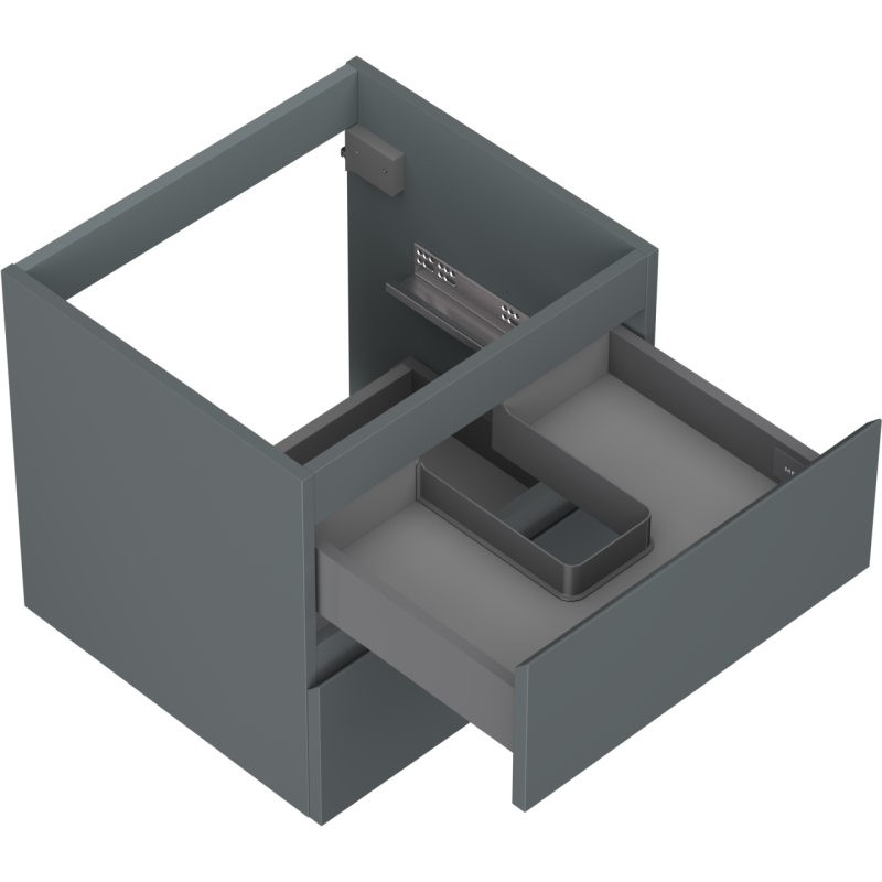 Servantskap uten vask grafitt matt 50 cm med åpen skuff og plastinnlegg, sett skrått ovenfra.