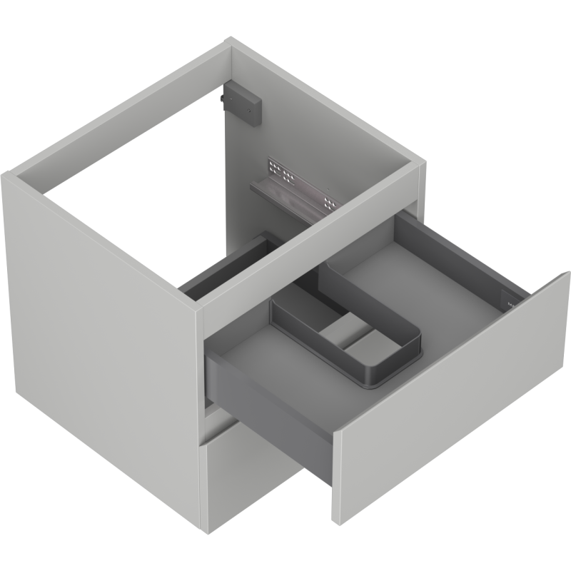 Servantskap uten vask 50 cm grå matt med to skuffer, én skuff trukket ut og mørkgrå avdeler.