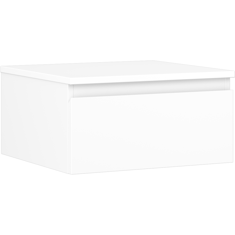 Servantskap 50 cm hvit matt med én skuff og glatt front uten håndtak, vist fra skrå vinkel.