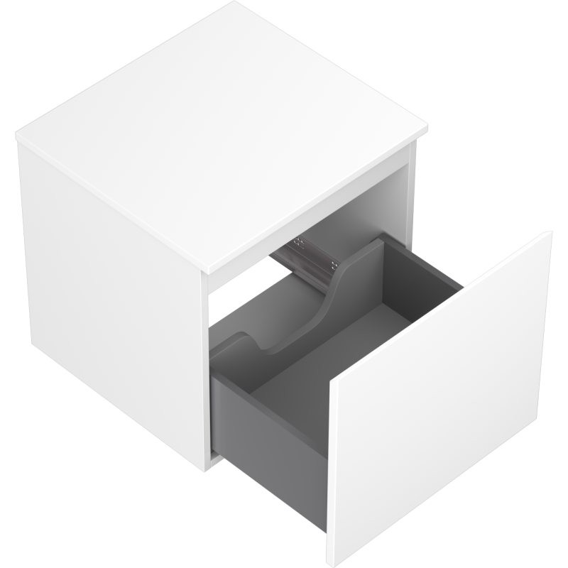 Servantskap uten vask 50 cm hvit matt med én stor grå skuff delvis trukket ut.