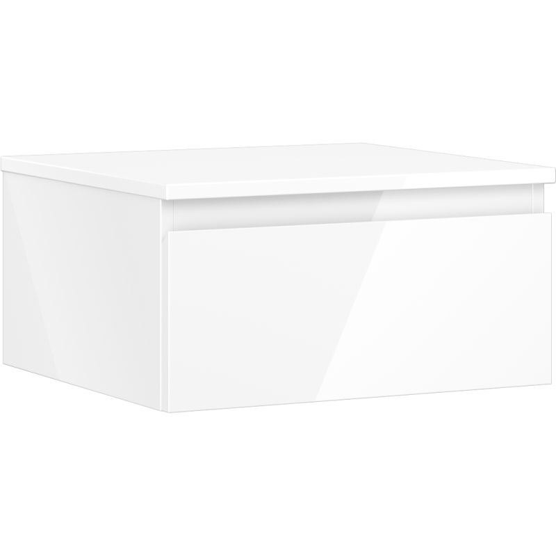 Servantskap 50 cm hvit høyglans med én skuff, sett fra skrå vinkel, moderne design.