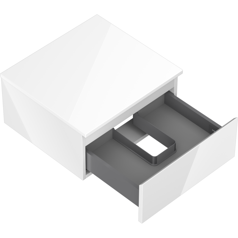 Servantskap uten vask 50 cm hvit høyglans med åpen skuff og grå inndeling.