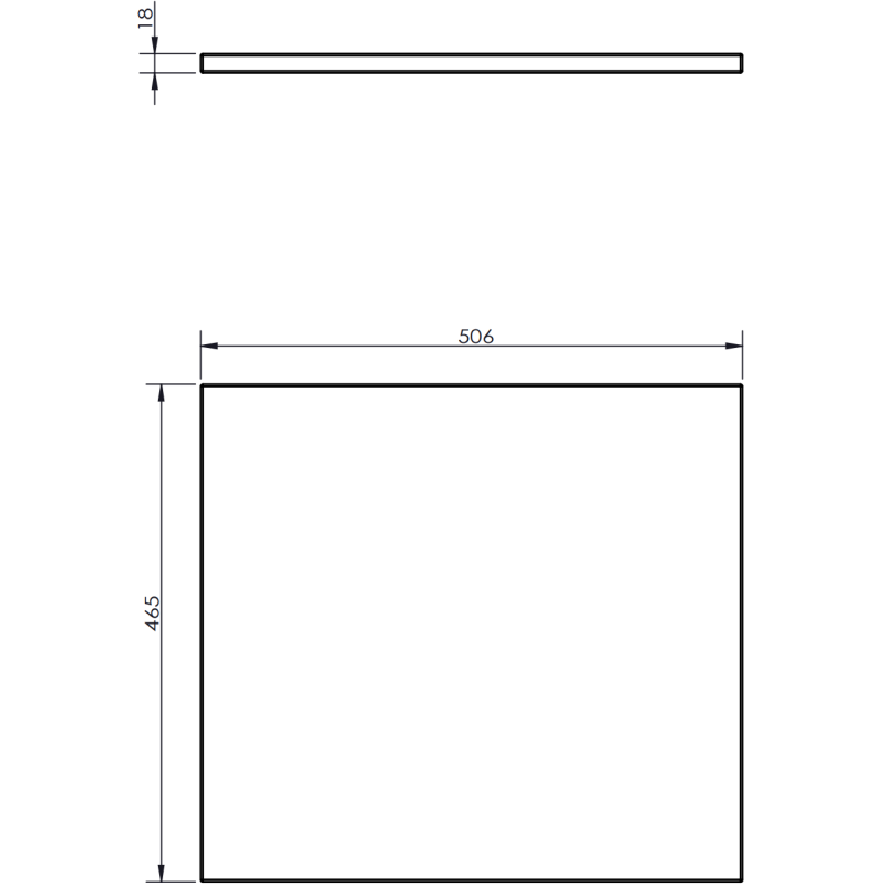 Underskap til servant tegning med mål 50x46,5x1,8 cm vist forfra og fra siden.