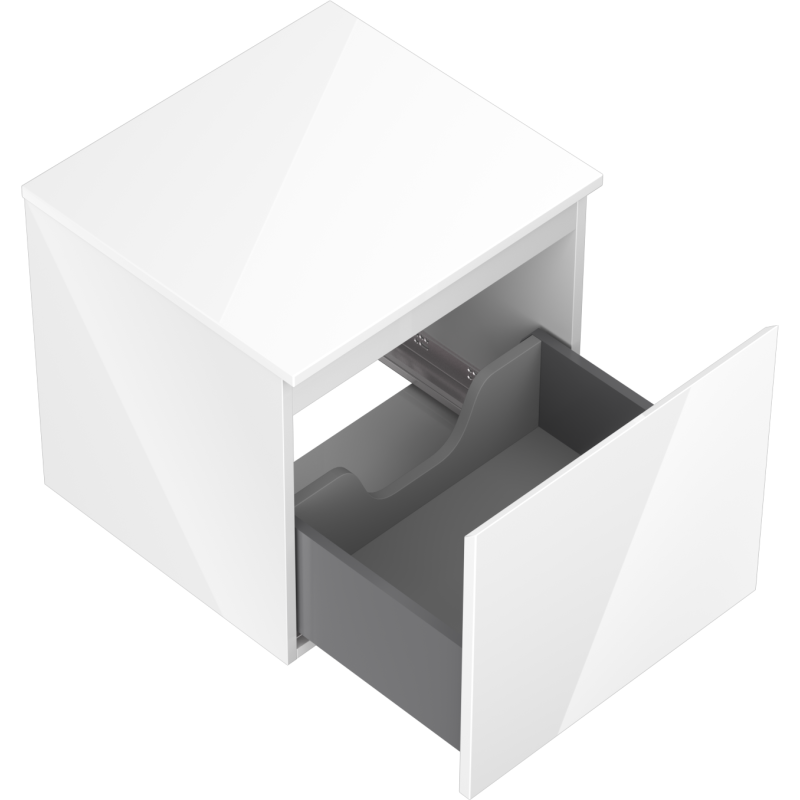 Servantskap uten vask 50 cm hvit høyglans med åpen skuff og grå innside, sett fra skrå vinkel.