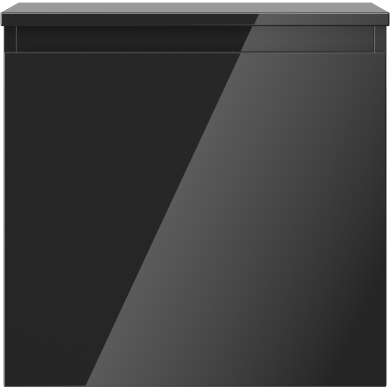 Underskap til servant i svart høyglans med blank frontpanel og minimalistisk design uten håndtak.