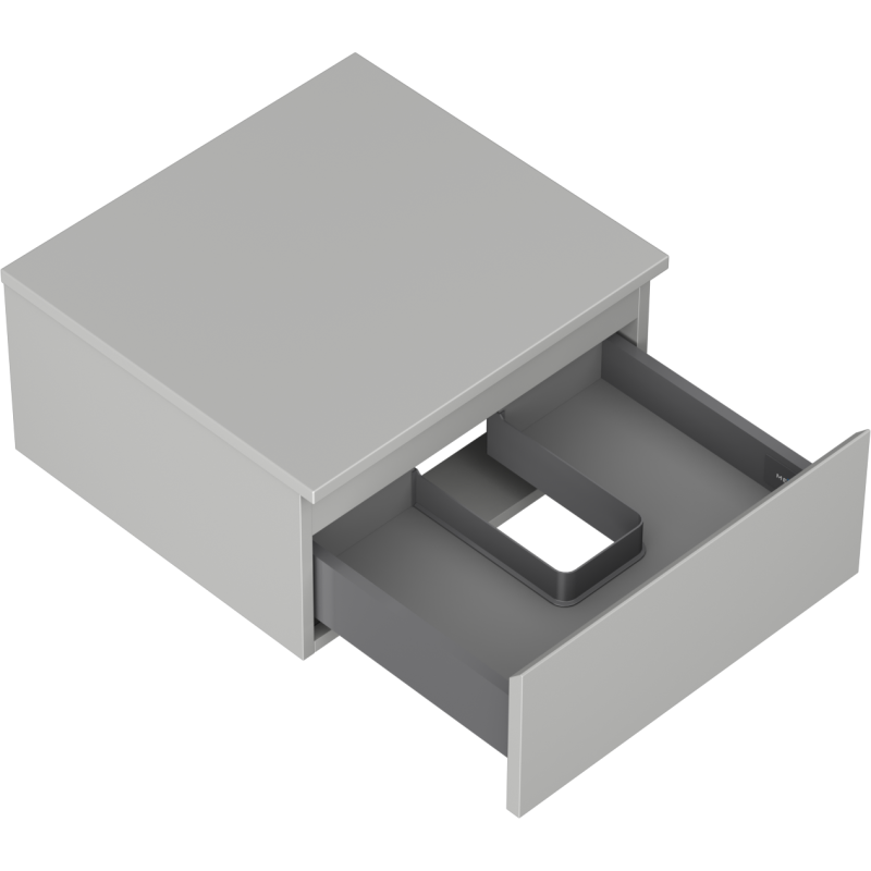 Servantskap uten vask 50 cm grå matt med åpen skuff og avdeler, sett fra skrå vinkel ovenfra.