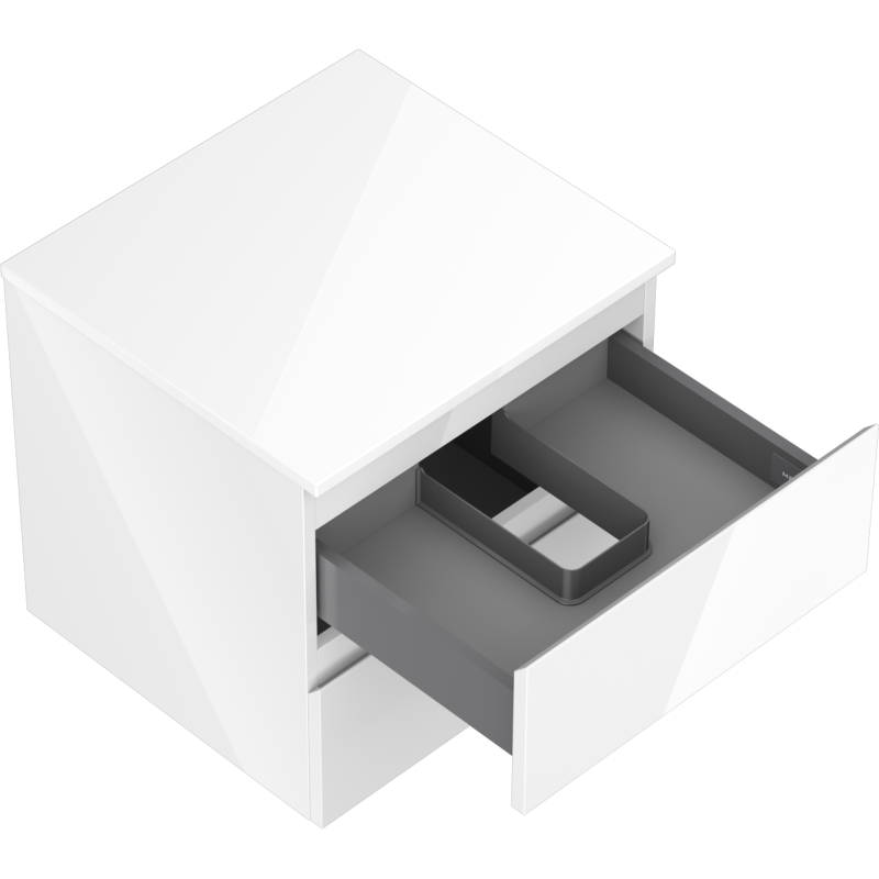 Servantskap uten vask 50 cm hvit høyglans med åpen grå skuff og innsats rundt midthull.