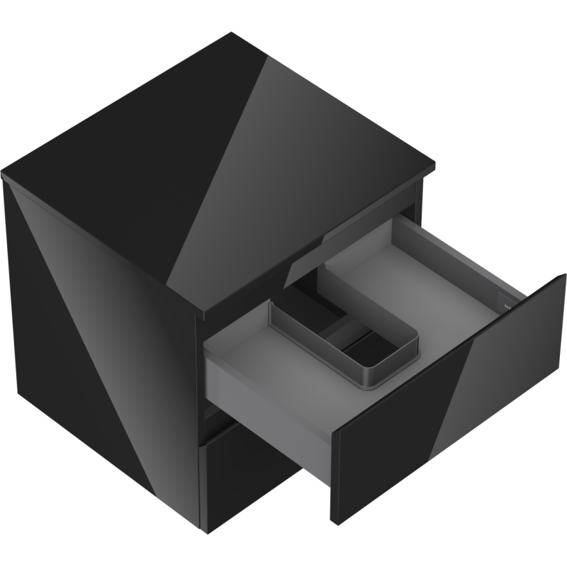 Servantskap uten vask svart høyglans med åpen skuff og grå romdeler, sett fra skrå vinkel.