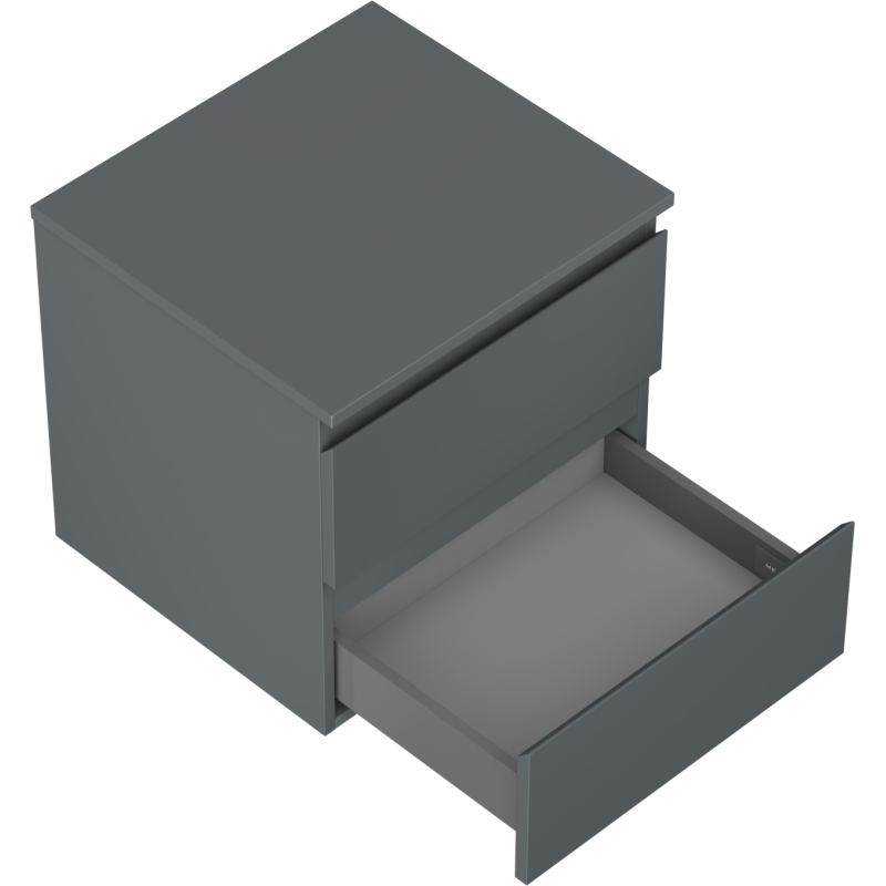 Servantskap til bad i grafitt matt med to skuffer, én åpen og én lukket, sett fra skrå vinkel.