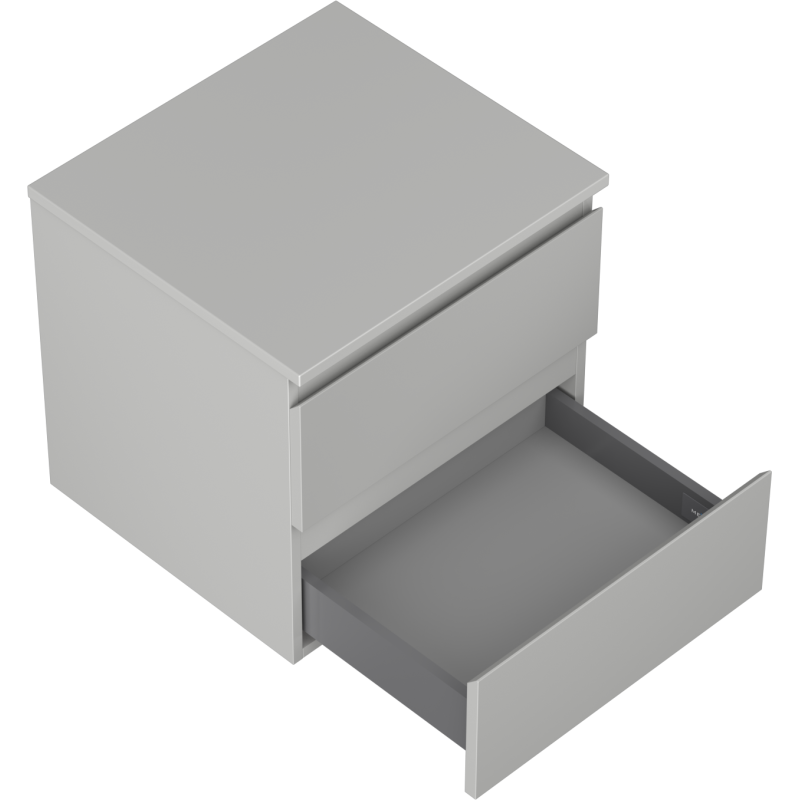 Servantskap til bad i grå matt finish, 50 cm bredt, med én skuff trukket ut fra skrå vinkel.