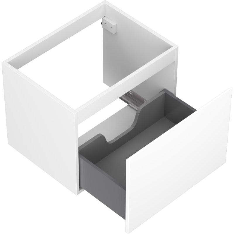 Servantskap uten vask 60 cm hvit matt med åpen grå innerskuff og utsparing for rør.