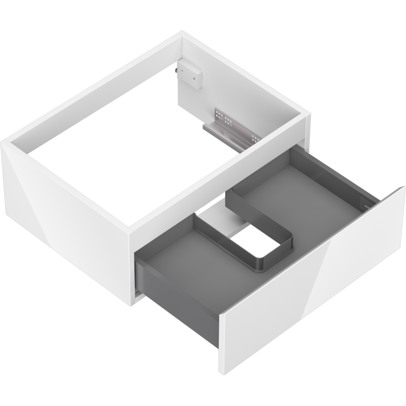 Servantskap uten vask 60 cm hvit høyglans, sett ovenfra med åpen skuff og utsparing for rør.