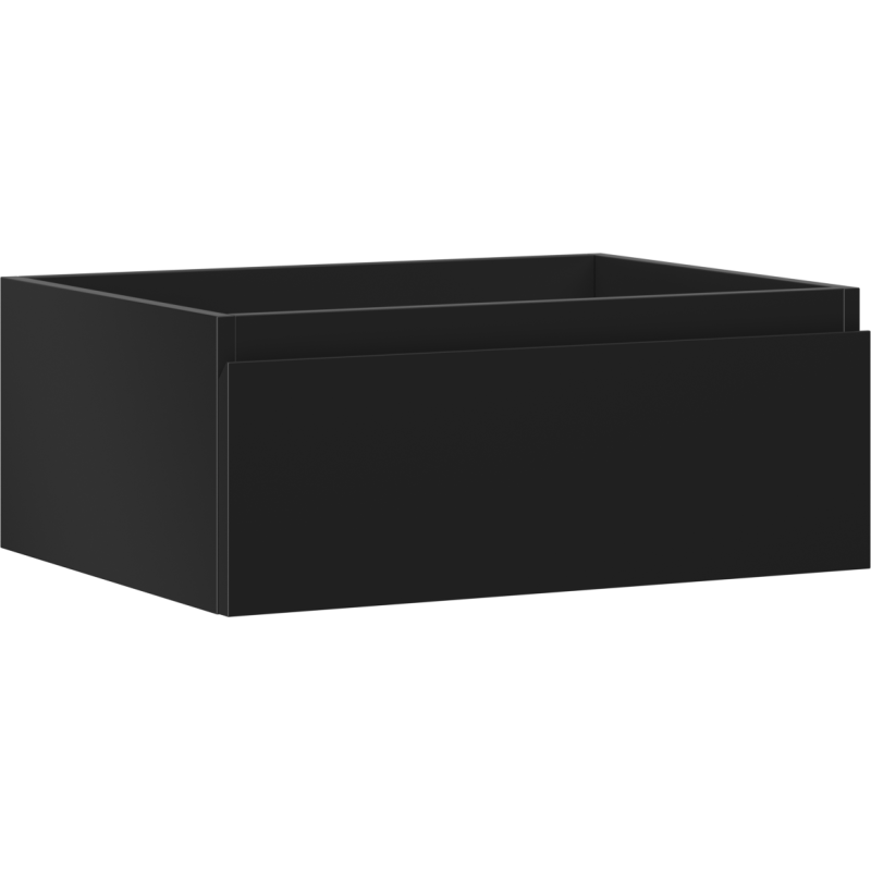 Servantskap 60 cm svart matt med én skuff, sett fra skrå vinkel, veggmontert modell.