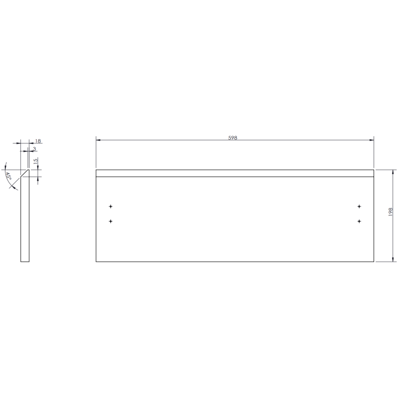Servantskap teknisk strektegning av panel med mål og hullmarkeringer, front- og sidevisning.