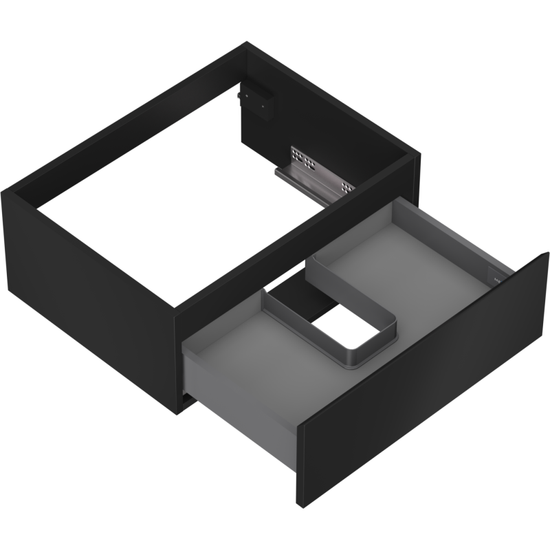 Servantskap uten vask 60 cm svart matt med åpen skuff og grått innsatsbrett med utsparing.