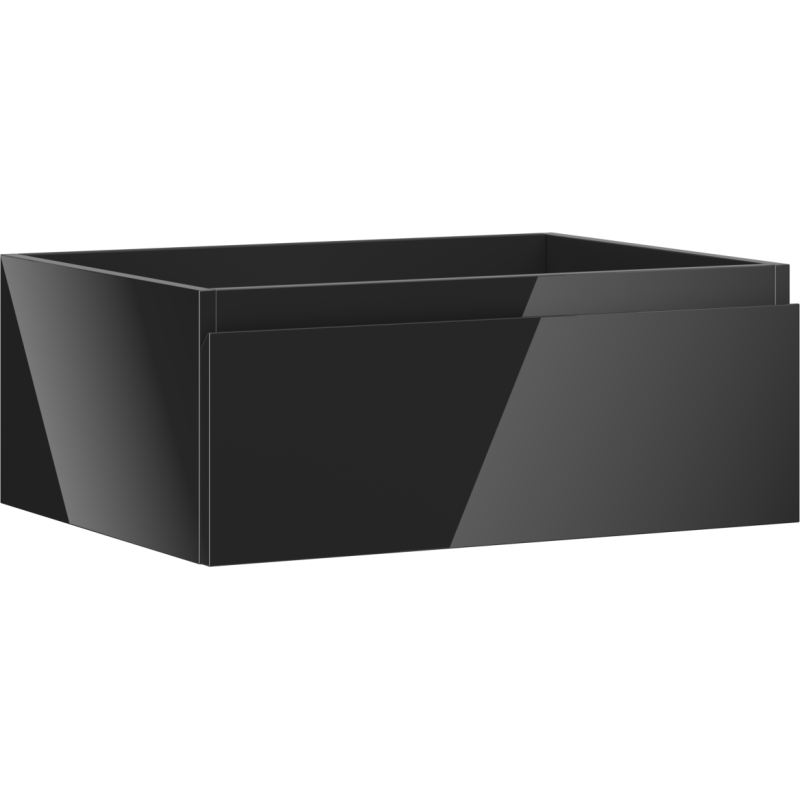 Servantskap 60 cm i svart høyglans med én skuff, sett fra skrå vinkel.