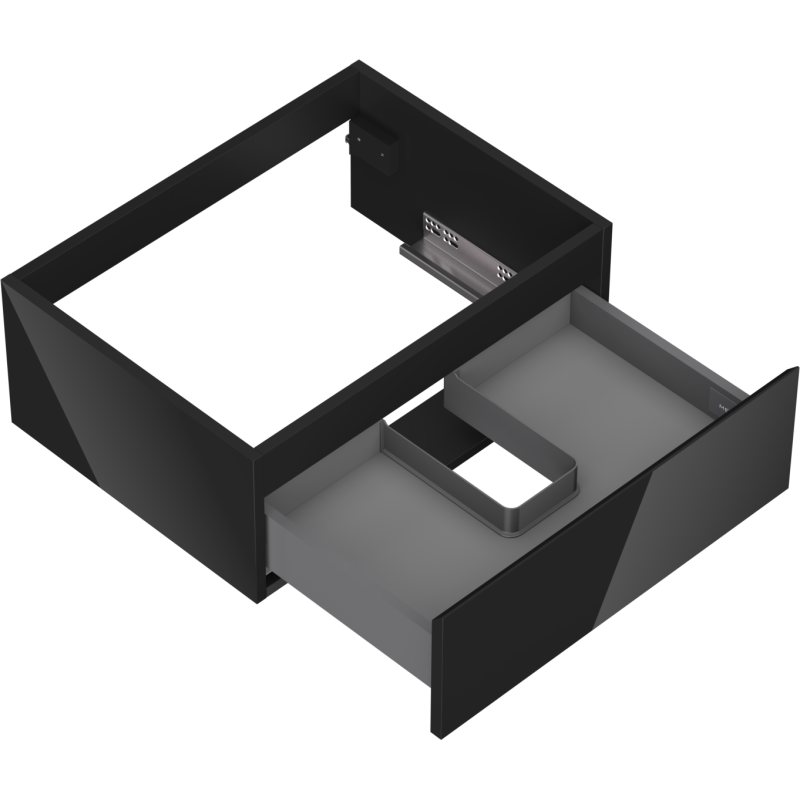 Servantskap uten vask svart høyglans 60 cm med uttrekt grå innerskuff og avdeler, sett skrått ovenfra.