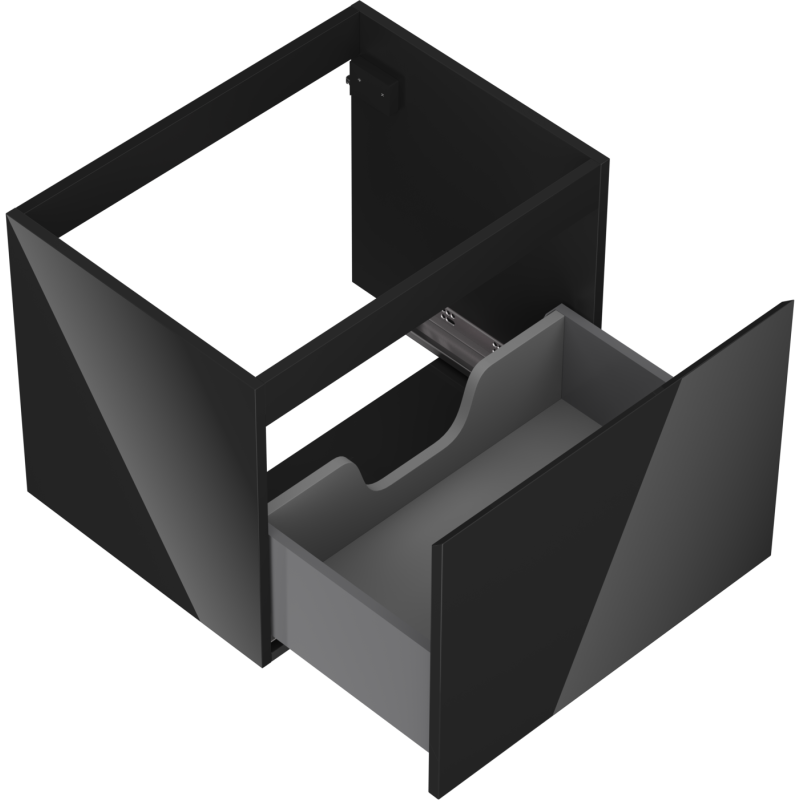 Servantskap uten vask 60 cm svart høyglans med én stor uttrekkbar skuff og utsparing for rørføring.