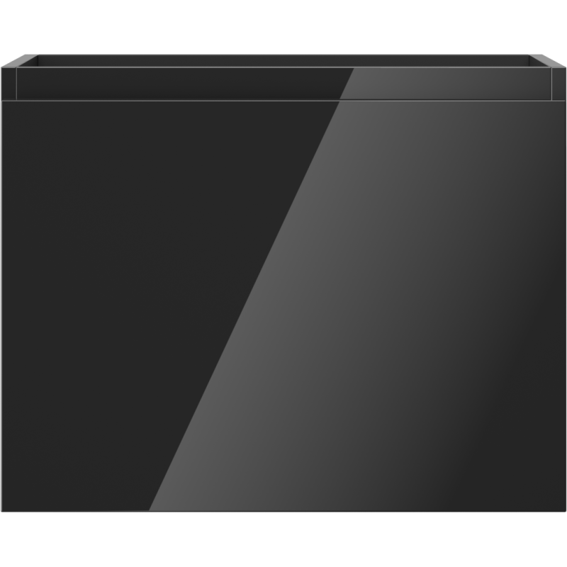 Underskap til servant i svart høyglans med én skuff, sett forfra med blank overflate.