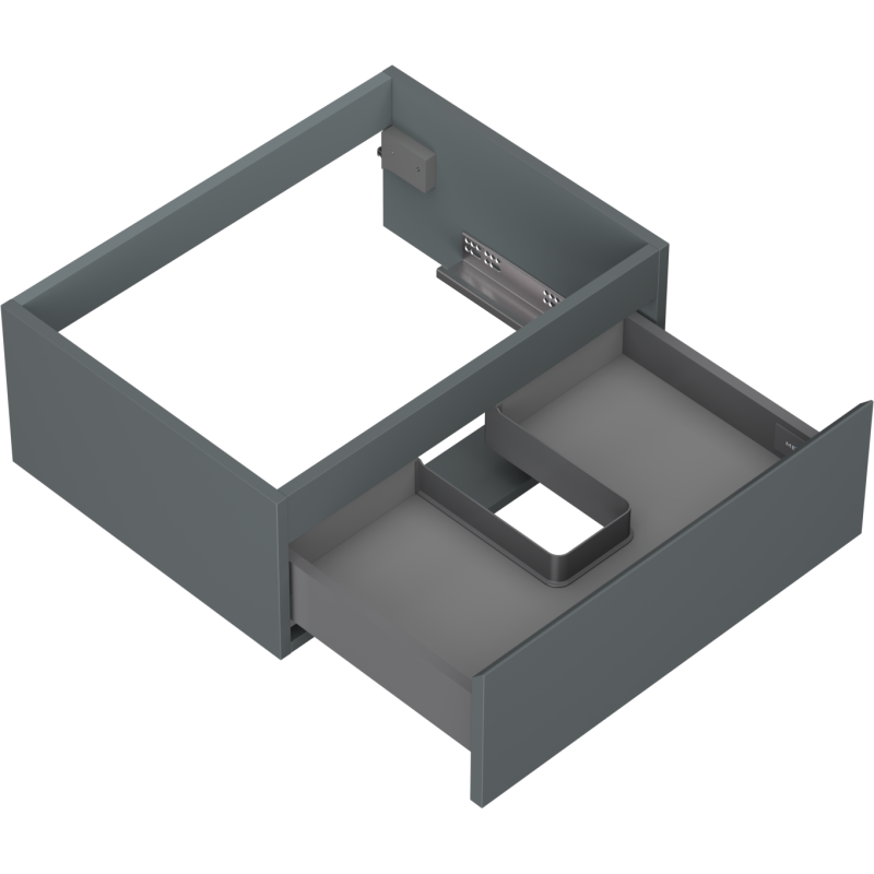 Servantskap uten vask 60 cm grafitt matt med åpen skuff og praktiske inndelinger sett ovenfra.