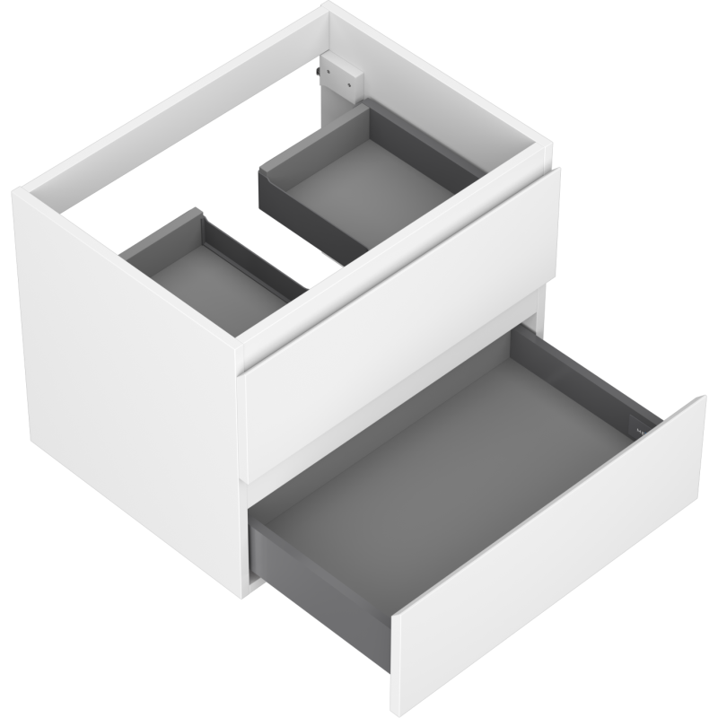 Servantskap til bad 60 cm hvit matt med to grå skuffer, sett ovenfra i vinkel.