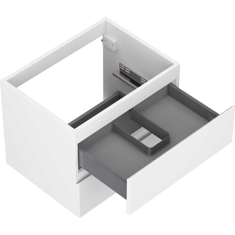 Servantskap uten vask 60 cm hvit matt med to skuffer, sett ovenfra med delvis åpen grå innerskuff.