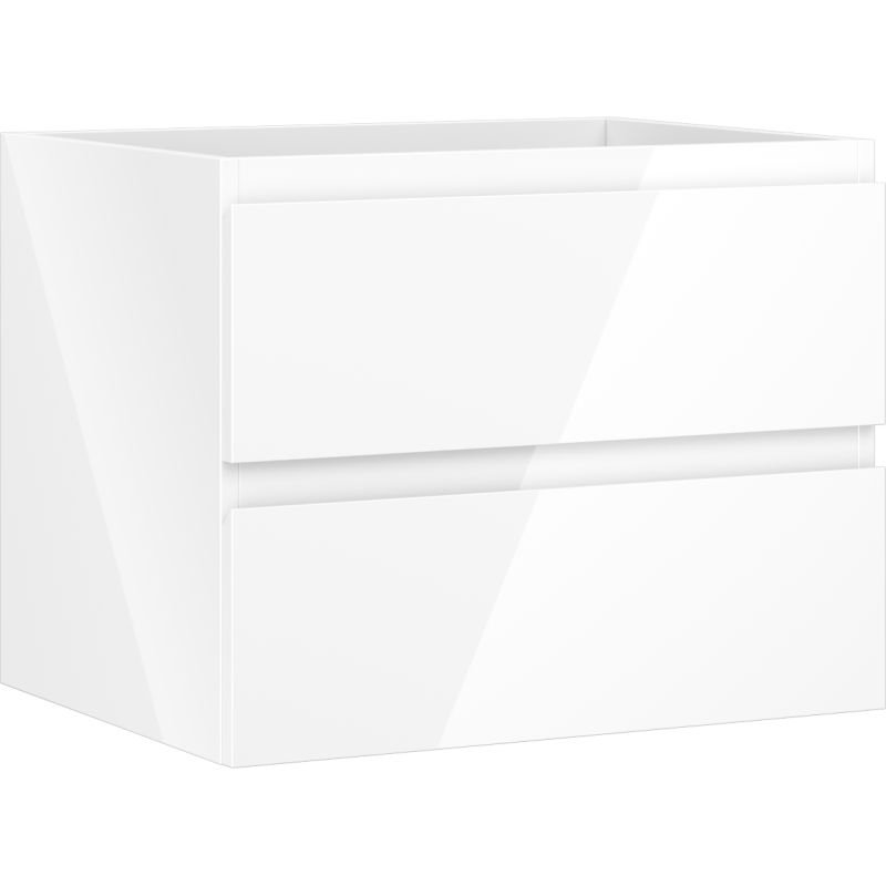Servantskap 60 cm hvit høyglans med to skuffer, vist fra skrå vinkel.