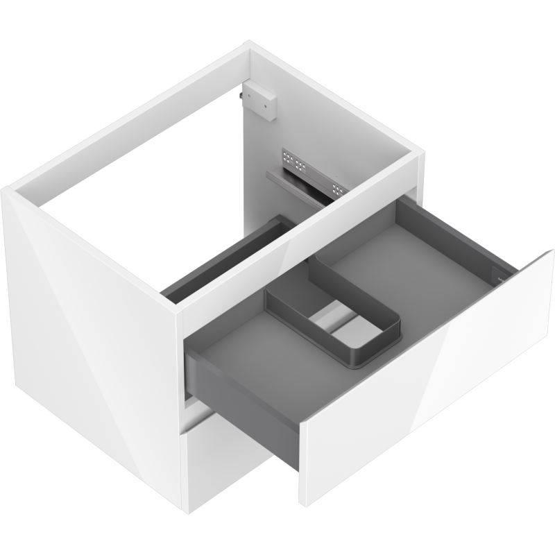 Servantskap uten vask 60 cm hvit høyglans med grå skuff delvis åpen og rominndeler.