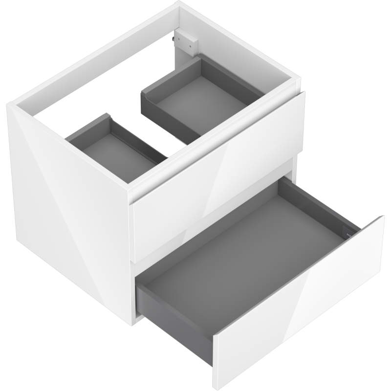 Servantskap til bad 60 cm hvit høyglans med to åpne skuffer og utsparing til rør sett ovenfra.