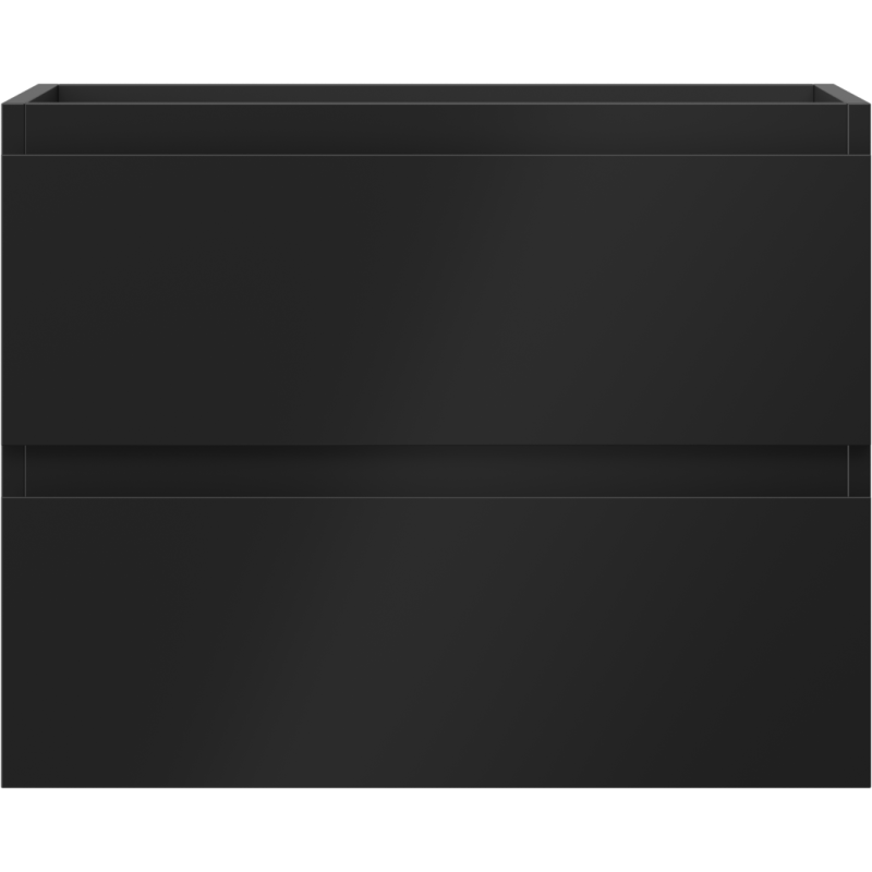 Underskap til servant 60 cm i svart matt med to håndtaksløse skuffer, sett rett forfra.