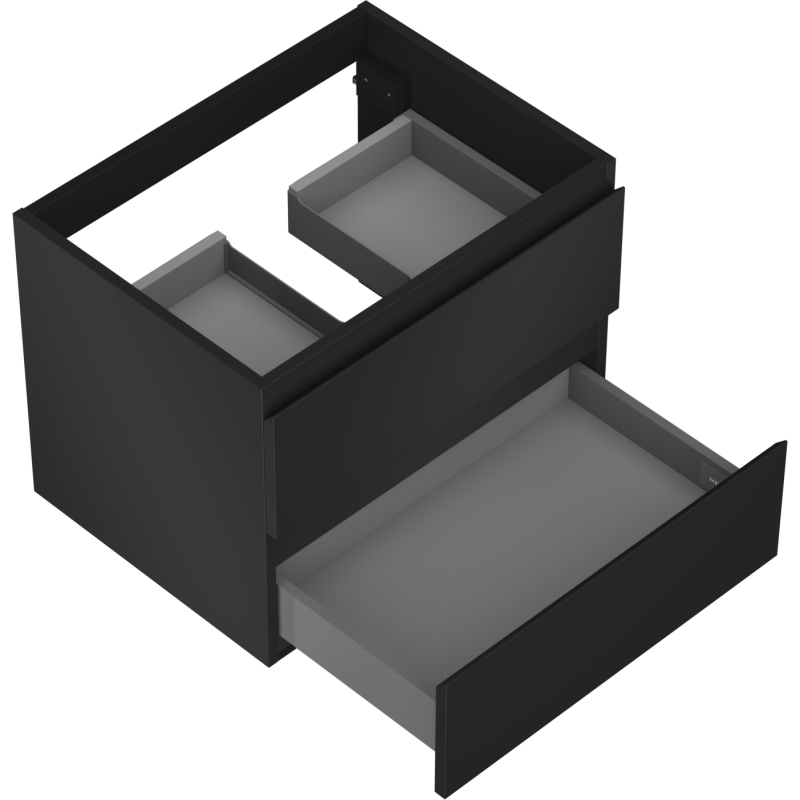 Servantskap til bad 60 cm svart matt med to åpne skuffer, øvre med utsparing for rør.