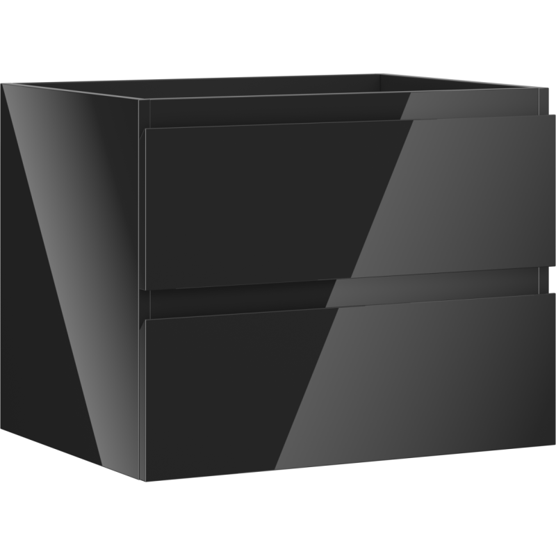 Servantskap 60 cm svart høyglans med to skuffer, vist forfra fra venstre side med blank overflate.
