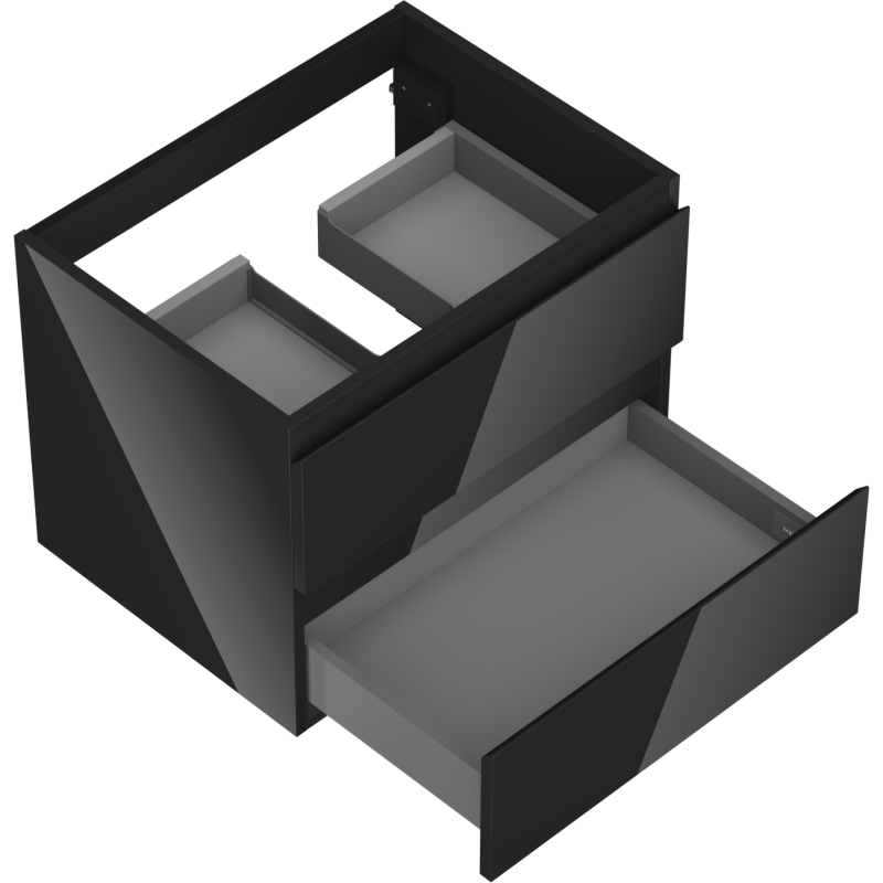 Servantskap til bad i svart matt finish med åpne skuffer, sett skrått ovenfra.