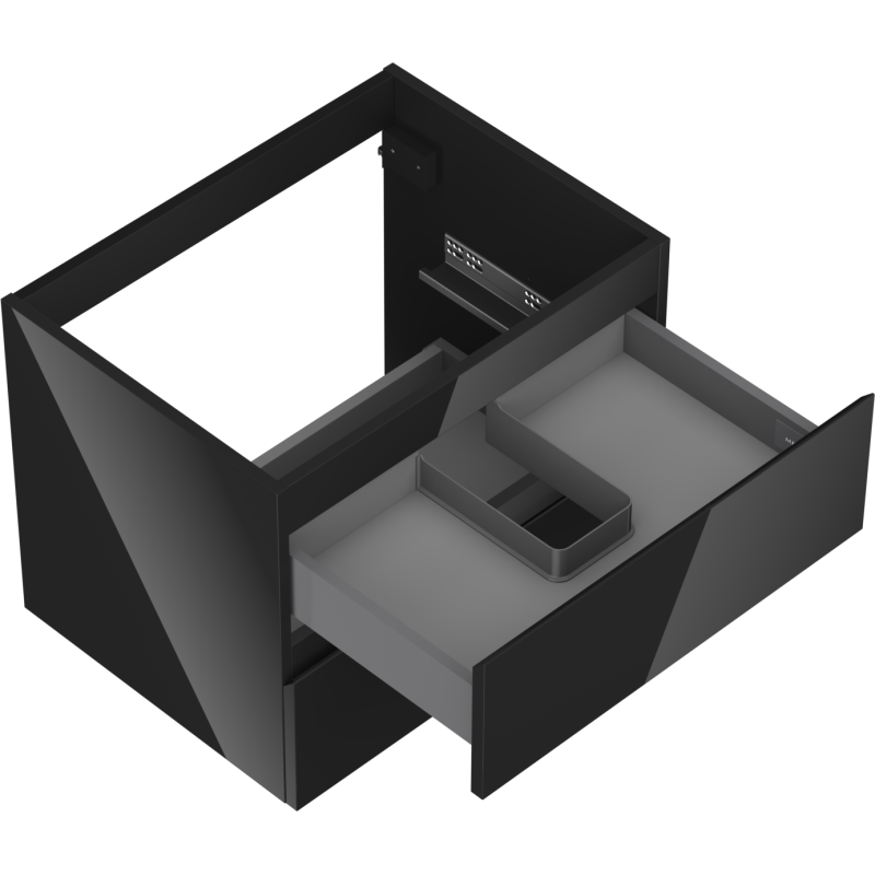 Servantskap uten vask i grå høyglans med stor uttrekkbar skuff og moderne, rette linjer.