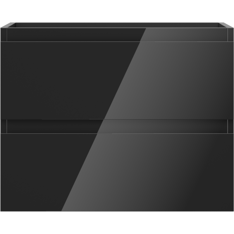 Underskap til servant i svart høyglans med to skuffer, rette linjer og reflekterende overflate.