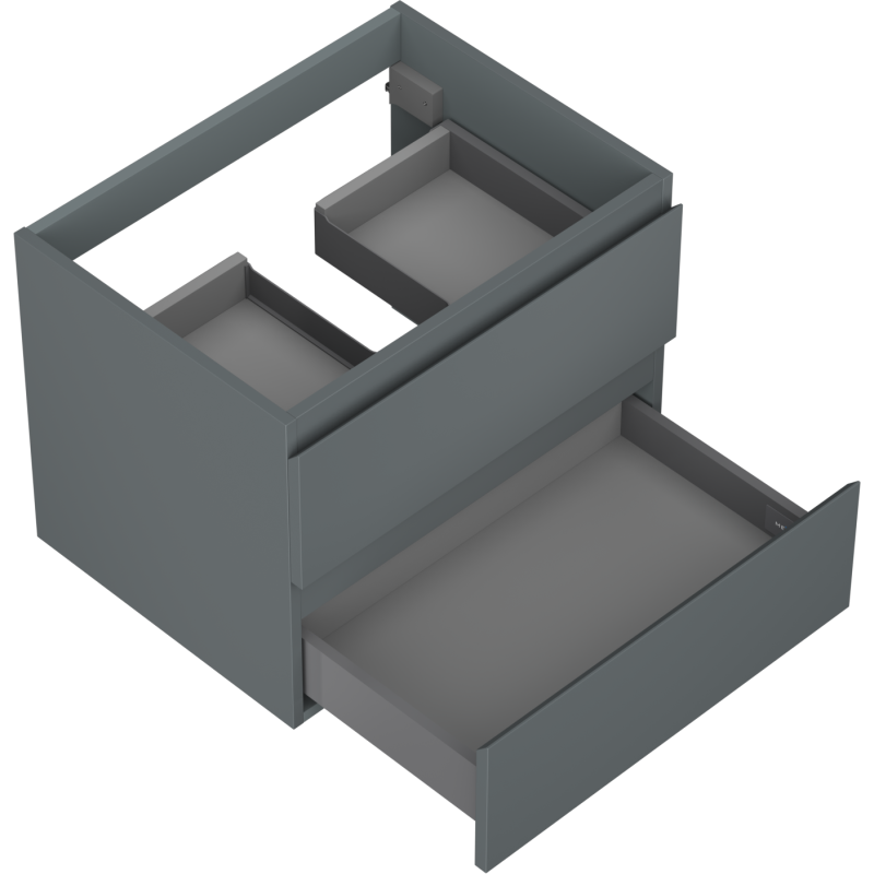 Servantskap til bad 60 cm grafitt matt med to åpne skuffer sett fra skrått fugleperspektiv.