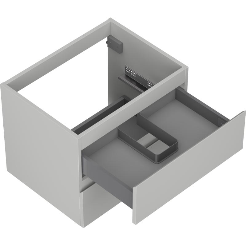 Servantskap uten vask 60 cm grå matt med åpen skuff og organiseringsinnsats, sett ovenfra.