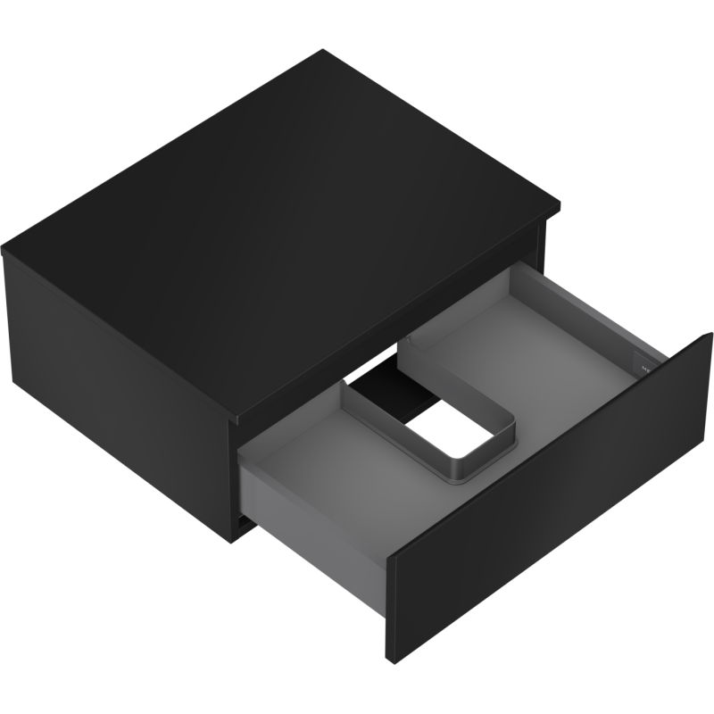 Servantskap uten vask 60 cm svart matt med åpen metallskuff og avtagbar innsats i midten.