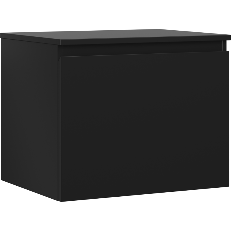 Servantskap 60 cm svart matt med én skuff, vist fra skrå vinkel med lukket front.