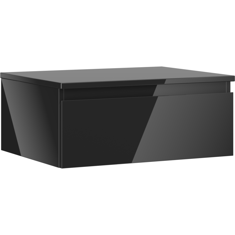 Servantskap 60 cm i svart høyglans med én skuff, sett fra skrå vinkel uten synlige håndtak.