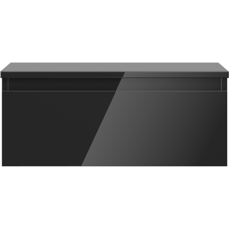 Underskap til servant i svart høyglans med én skuff og rektangulær front, sett rett forfra.