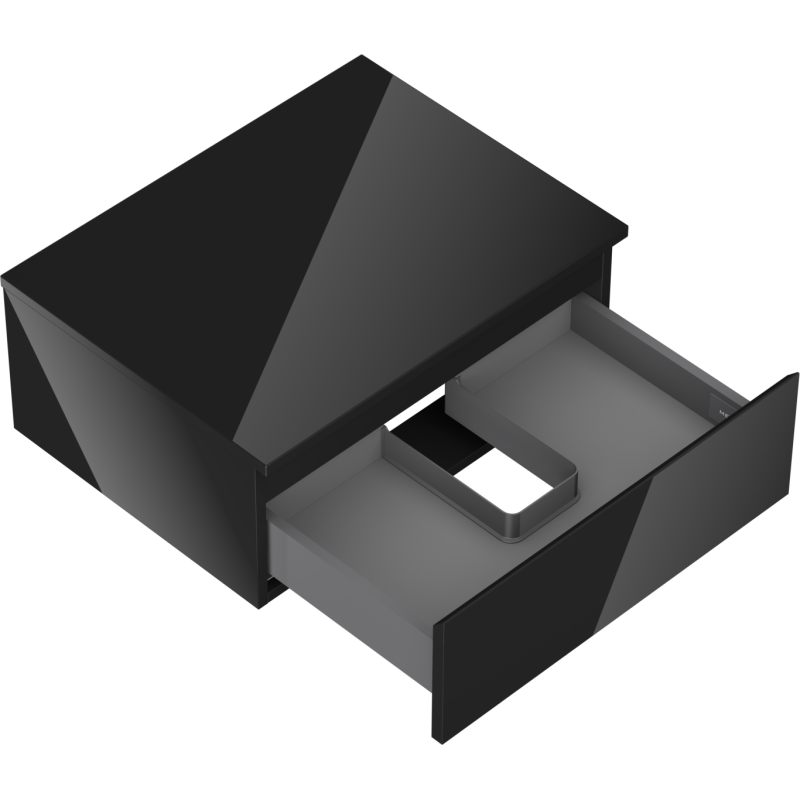 Servantskap uten vask svart høyglans 60 cm med åpen skuff og rominndelt oppbevaring sett ovenfra.