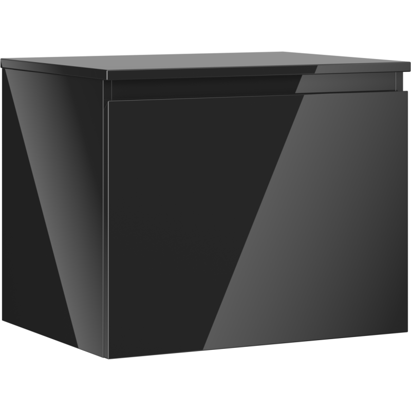 Servantskap 60 cm svart høyglans, firkantet design sett fra hjørne uten synlige håndtak.