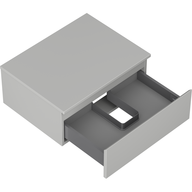 Servantskap uten vask 60 cm grå matt med åpen skuff og mørkt avdelt rom i midten.