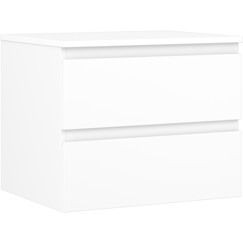 Servantskap 60 cm hvit matt med to skuffer og integrerte håndtak, sett fra skrå vinkel.