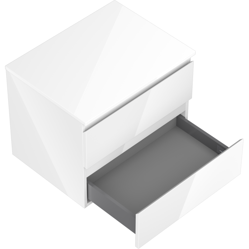 Servantskap til bad 60 cm hvit høyglans med stor skuff trukket ut, viser grå innside.